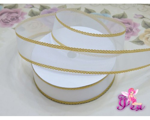 Декоративная лента 25 мм белого цвета с золотистой каймой по краю - 1м