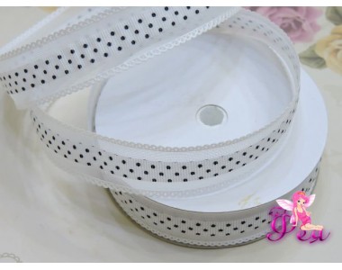 Декоративная лента, 25мм со вставкой белого цвета с рисунком "Горох" и белой каймой по краю - 1м