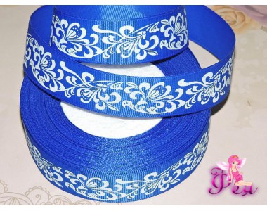 Репсовая лента 25 мм с рисунком  "Узор " цв. синий - 1м