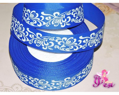 Репсовая лента 25 мм с рисунком  "Узор " цв. синий - 1м