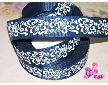 Репсовая лента 25 мм с рисунком  "Узор " цв. темно-синий - 1м