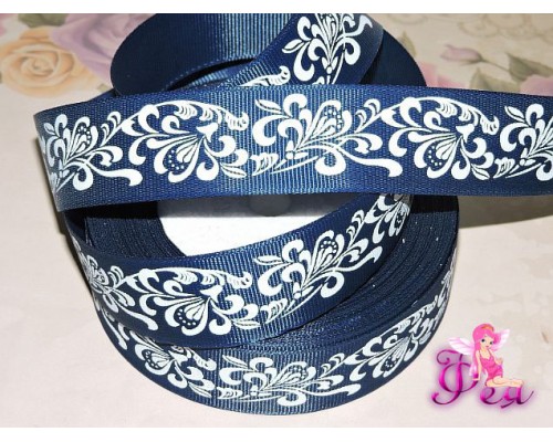 Репсовая лента 25 мм с рисунком  "Узор " цв. темно-синий - 1м