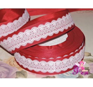Репсовая лента 25 мм с рисунком  "Кружево"  бордового цвета - 1м