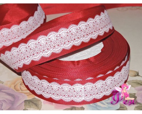 Репсовая лента 25 мм с рисунком  "Кружево"  бордового цвета - 1м