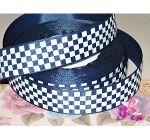 Репсовая лента 25 мм с рисунком  "Клетка" темно-синего  цвета - 1м