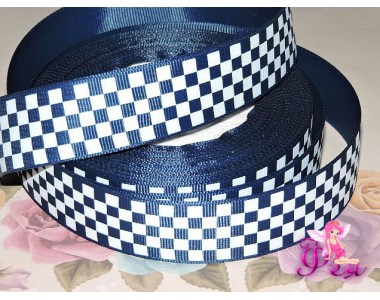 Репсовая лента 25 мм с рисунком  "Клетка" темно-синего  цвета - 1м