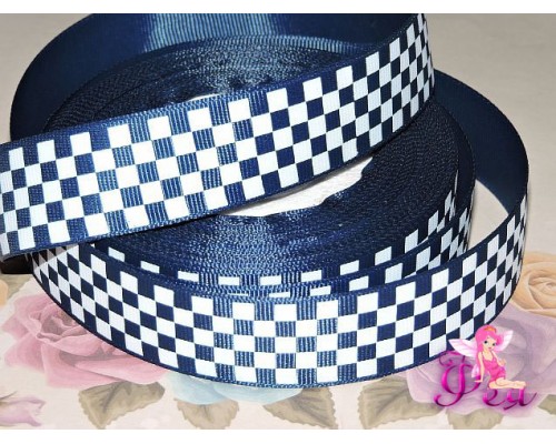 Репсовая лента 25 мм с рисунком  "Клетка" темно-синего  цвета - 1м