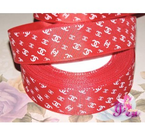 Репсовая лента 25 мм с рисунком  "Шанель " цв. бордовый - 1м