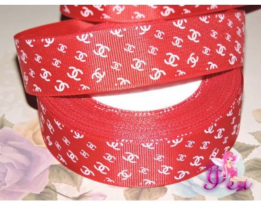 Репсовая лента 25 мм с рисунком  "Шанель " цв. бордовый - 1м
