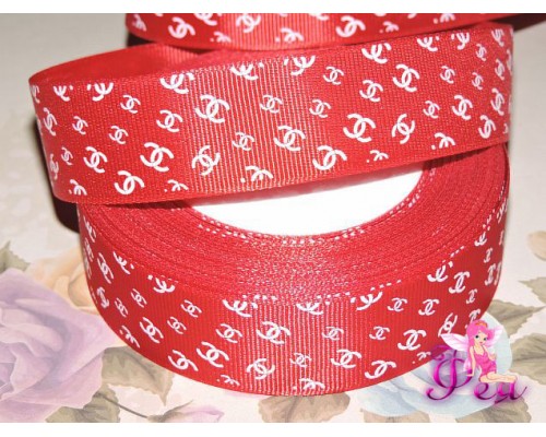 Репсовая лента 25 мм с рисунком  "Шанель " цв. бордовый - 1м