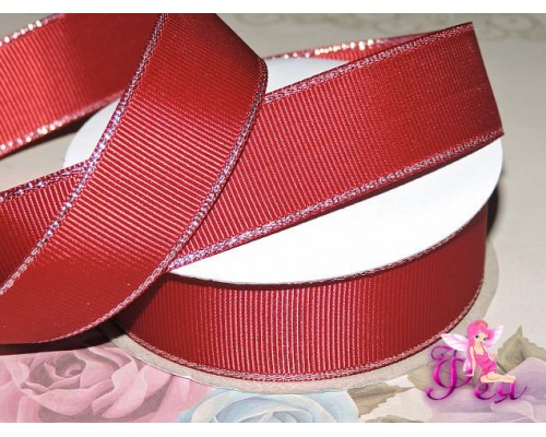 Репсовая лента 25 мм с люрексом серебро Premium, цв.  бордовый - 1м