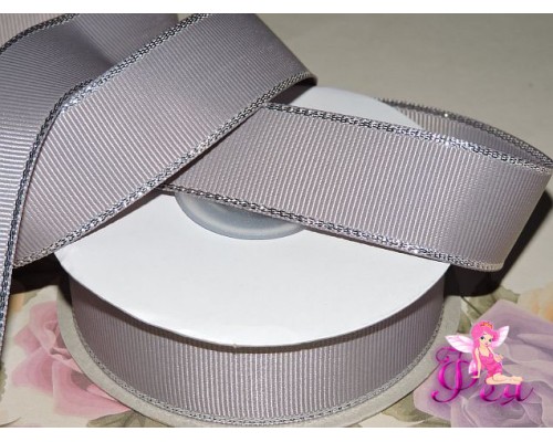 Репсовая лента 25 мм с люрексом серебро Premium, цв. серый - 1м