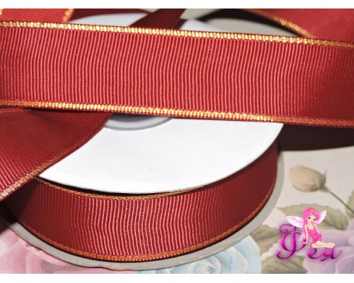 Репсовая лента 25 мм с люрексом золото Premium, цв.  бордовый  - 1м