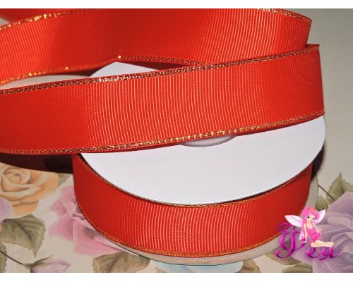 Репсовая лента 25 мм с люрексом золото Premium, цв.  красный - 1м