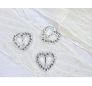 Пряжка со стразами "Сердце", металл, цв. серебро - 1 шт.