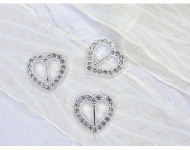 Пряжка со стразами "Сердце", металл, цв. серебро - 1 шт.