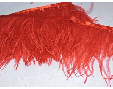 Перья страуса на ленте, цв. красный - отрез 25 см