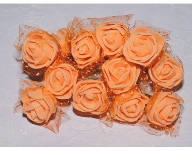 Розочка на веточке с сеточкой, 2.5 см-диаметр, цв. персиковый (12шт)