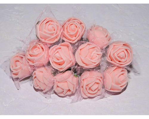 Розочка на веточке с сеточкой, 2.5 см-диаметр, цв.  светло-персиковый (12шт)