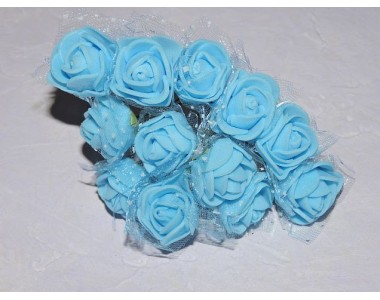 Розочка на веточке с сеточкой, 2.5 см-диаметр, цв. голубой (12шт)