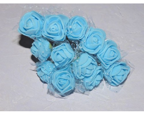 Розочка на веточке с сеточкой, 2.5 см-диаметр, цв. голубой (12шт)