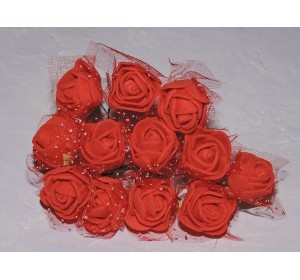 Розочка на веточке с сеточкой 12 шт, 2.5см-диаметр, цв. красный