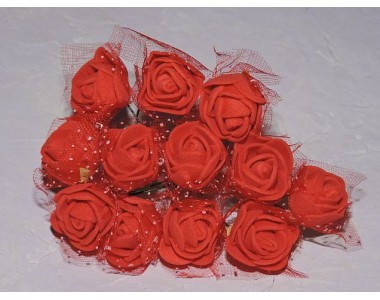 Розочка на веточке с сеточкой 12 шт, 2.5см-диаметр, цв. красный