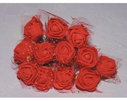 Розочка на веточке с сеточкой 12 шт, 2.5см-диаметр, цв. красный
