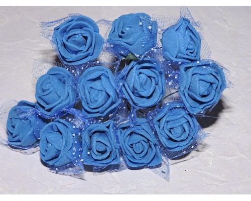 Розочка на веточке с сеточкой, 2.5 см-диаметр, цв. синий (12шт)