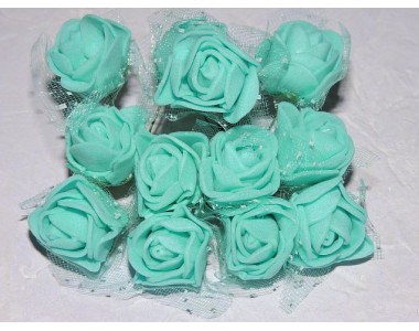 Розочка на веточке с сеточкой, 2.5 см-диаметр, цв. аквамарин (12шт)