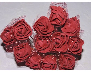 Розочка на веточке с сеточкой, 2.5 см-диаметр, цв. бордовый (12шт)