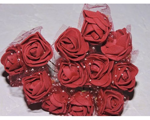 Розочка на веточке с сеточкой, 2.5 см-диаметр, цв. бордовый (12шт)