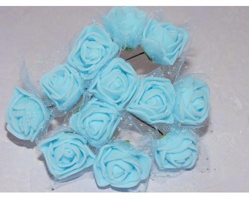 Розочка на веточке с сеточкой, 2.5 см-диаметр, цв. светло-голубой (12шт)
