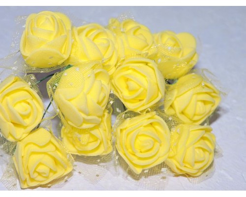 Розочка на веточке с сеточкой, 2.5 см-диаметр, цв. желтый (12шт)