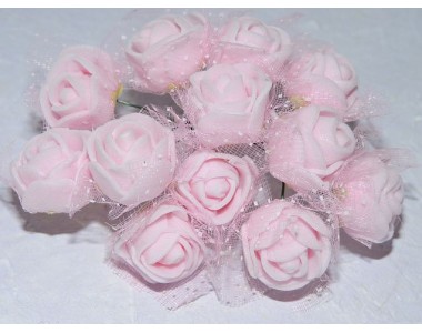 Розочка на веточке с сеточкой, 2.5 см-диаметр, цв. светло-розовый 2  (12шт)