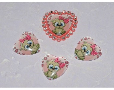 Кабошон стеклянный сердечко 25 мм "Мишка" - 1 шт