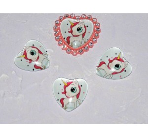 Кабошон стеклянный сердечко 25 мм "Единорожек" - 1 шт