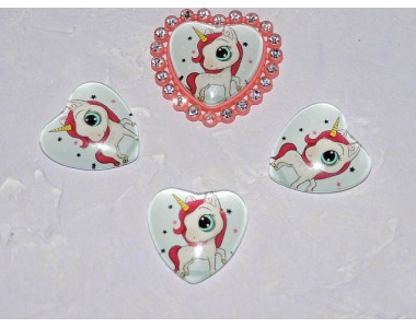 Кабошон стеклянный сердечко 25 мм "Единорожек" - 1 шт