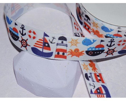 Репсовая лента 25 мм с рисунком "Морской №2" - 1 м