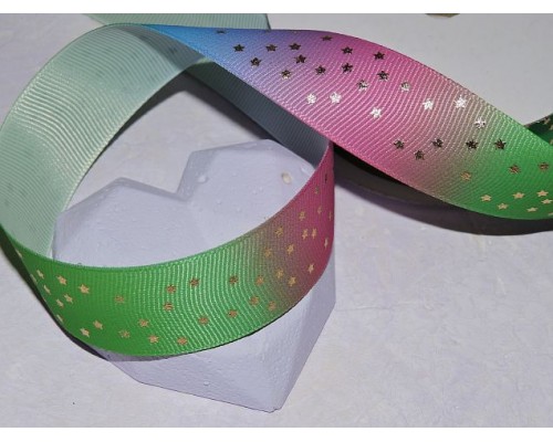 Репсовая лента 25 мм с рисунком "Звездочки, радуга №1" - 1 м