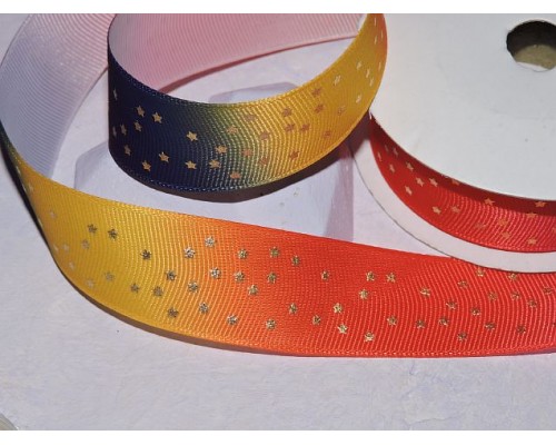 Репсовая лента 25 мм с рисунком "Звездочки, радуга №2" - 1 м