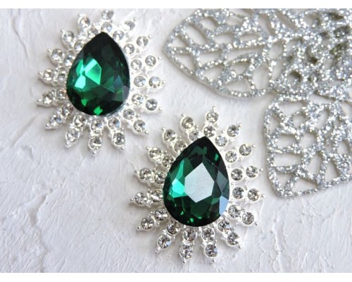 Серединка ювелирная, цв. серебро/изумрудный  - 1 шт