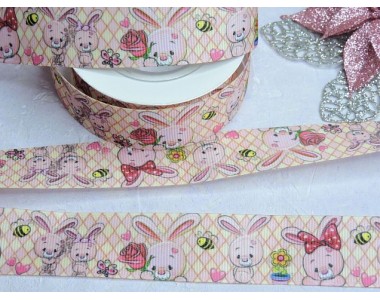 Лента репсовая 25 мм с рисунком "Зайчики" - 1 м.