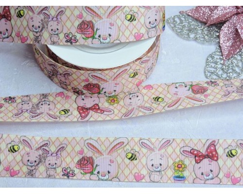 Лента репсовая 25 мм с рисунком "Зайчики" - 1 м.