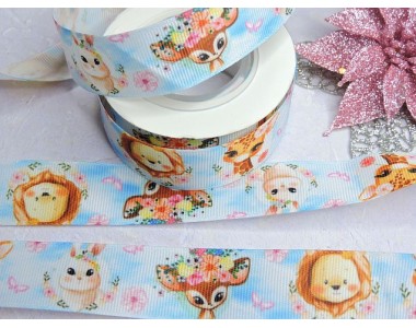 Лента репсовая 25 мм с рисунком "зверята 2" - 1 м.