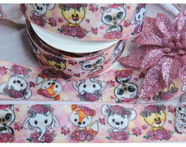 Лента репсовая 25 мм с рисунком "Зверята" - 1 м.