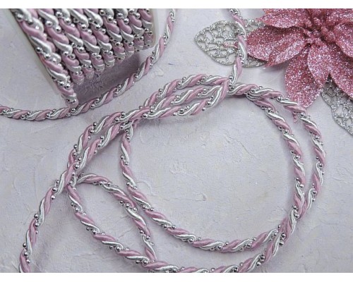 Шнур двухцветный с бусинками 4 мм, цв. розовый/серебро - 1 м.
