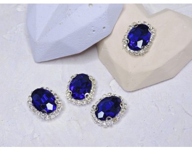 Страза пришившая в серебряной оправе 17*22 мм "Овал", цв. синий - 1 шт.