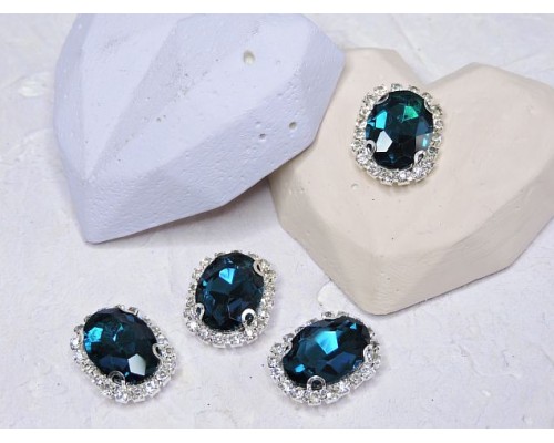 Страза пришившая в серебряной оправе 17*22 мм "Овал", цв. темно-бирюзовый - 1 шт.