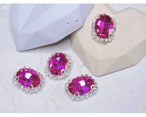 Страза пришившая в серебряной оправе 17*22 мм "Овал", цв. фукси - 1 шт.